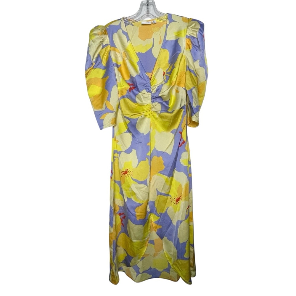 VILA Johanna Yellow Lavender Floral V-Neck Puff Sleeve  Midi Dress Size EU 36